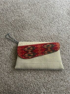 Beige Canvas Clutch with Red Patterned Flap